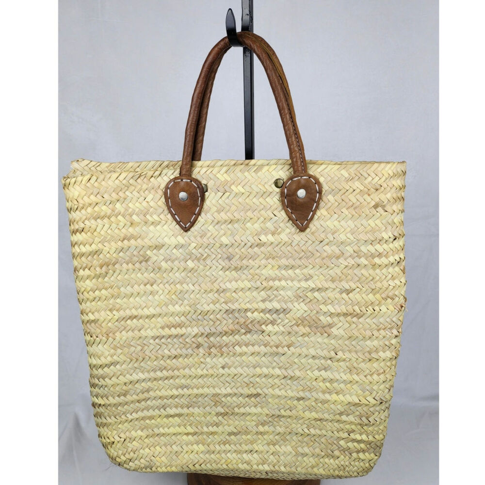 POOLSIDE Straw Tote Leather Handle Black Embroidery Personalized Beach Summer - Picture 3 of 7